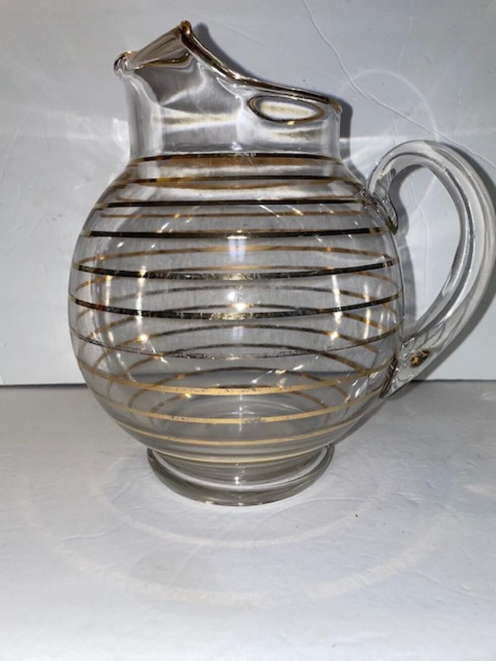 Vintage 1947 Corning Banded Gold Stripe Round Pitcher MCM Retro Barware